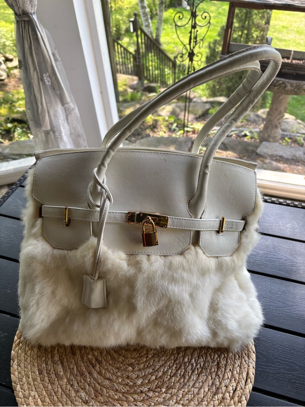 Vintage Y2K Rabbit Fur White  Top-Handle Tote Bag with Gold Hardware
